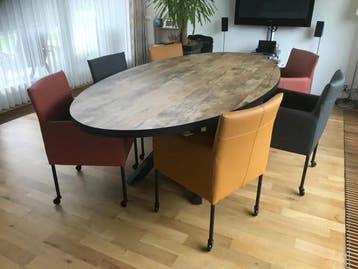 Set van 6 leren kuip eetkamerstoelen met wieltjes - Grijs, Ophalen of Verzenden, Nieuw, Eén
