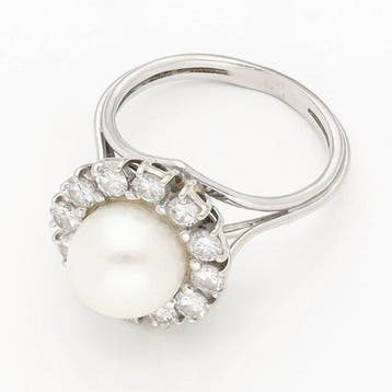 Ring - 18 karaat Witgoud Parel - Diamant, Nieuw