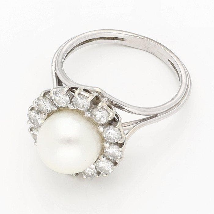 Ring - 18 karaat Witgoud Parel - Diamant, Bijoux, Sacs & Beauté, Bagues