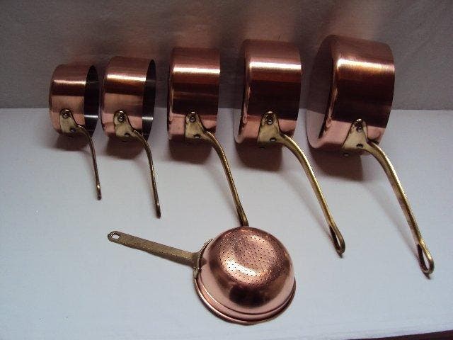 Lot de 5 casseroles et 1 passoire - Steelpan (6) - Koper,, Antiquités & Art, Antiquités | Ustensiles de cuisine