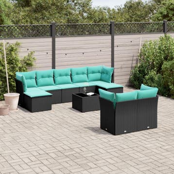 vidaXL 10-delige tuinbankset met kussens van zwart polyrotan, Verzenden