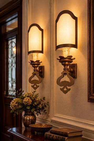 Lampe murale (3) - Laiton, Bois, Métal - Appliques en laiton