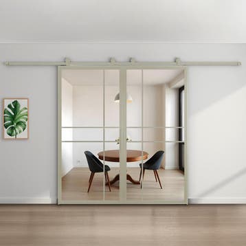 Dubbele stalen schuifdeur Kiezelgrijs 6 Vlaks Helder glas Lu, 75 tot 150 cm, Nieuw, 150 tot 225 cm, Metaal