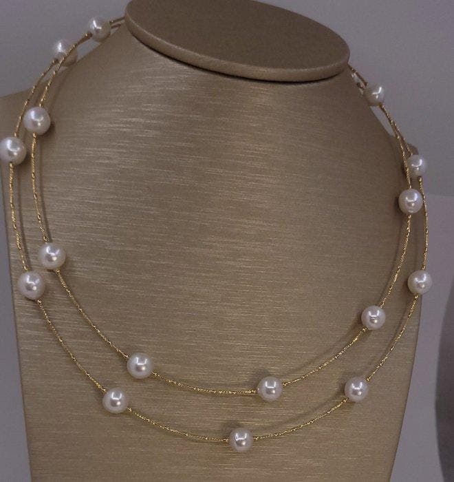 Halsketting - 18 karaat Geel goud, 8×9 mm heldere Akoya, Bijoux, Sacs & Beauté, Colliers