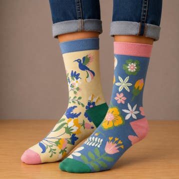 Sokken - Bloemen Print - Blauw Beige - Katoen - Maat 38-45, Kleding | Dames, Nieuw