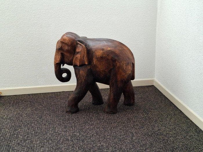 Sculpture, Teak, Houtsnijwerk Olifant XL - 43 cm - Bois de, Antiquités & Art, Curiosités & Brocante