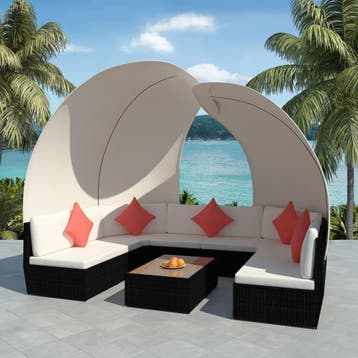 vidaXL 9-delige Loungeset met luifels poly rattan zwart, Verzenden, Nieuw, Loungeset