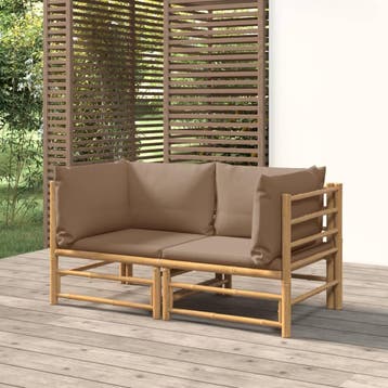 vidaXL Tuinhoekbanken 2 st met kussens bamboe taupe, Verzenden, Nieuw