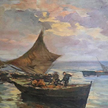 Ugo Flumiani (1876-1938), Attr. a - Marina con barche e