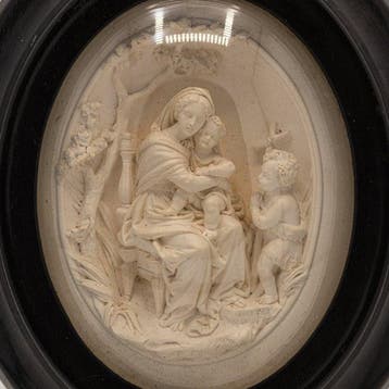 Meerschuim reliëf, pijpaarde Maria Jezus en Johannes -