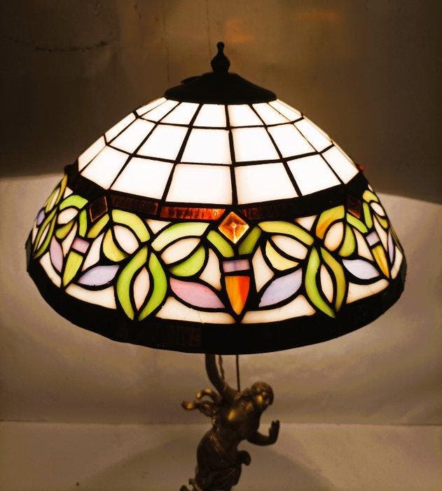 Tafellamp - Kristal, glas-in-lood en brons - Lamp H: 70 cm., Antiquités & Art, Curiosités & Brocante