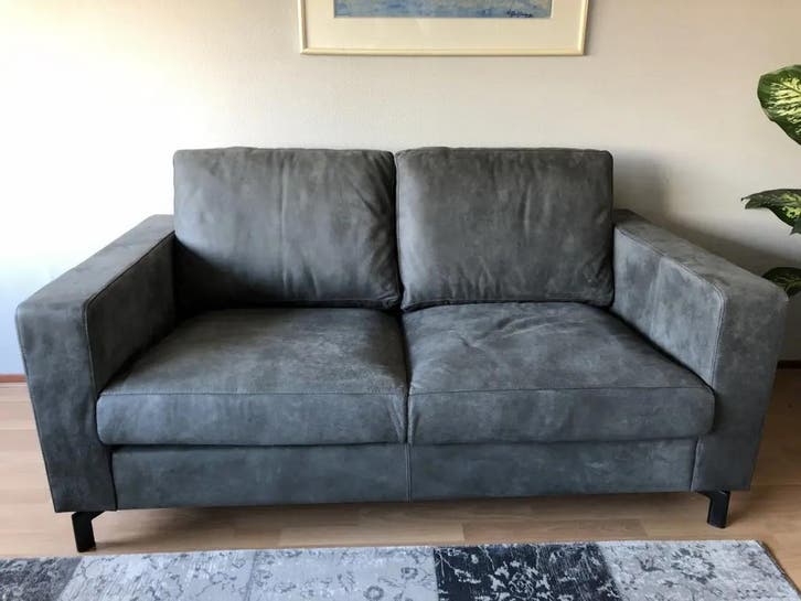 Leren 2-zits bank met stalen poten - blauw leer, Antiek en Kunst, Antiek | Meubels | Stoelen en Sofa's, Ophalen of Verzenden