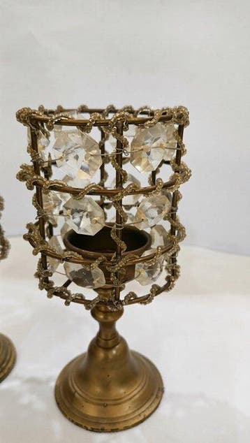 sculptuur, Vintage 1980s Brass Candleholders with Crystal