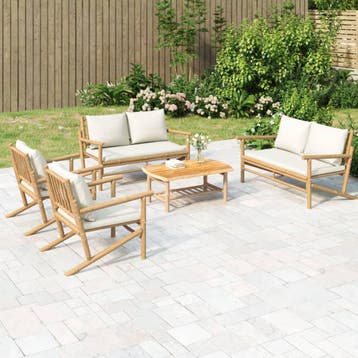 vidaXL 5-delige Loungeset met kussens bamboe crèmewit, Verzenden, Loungeset