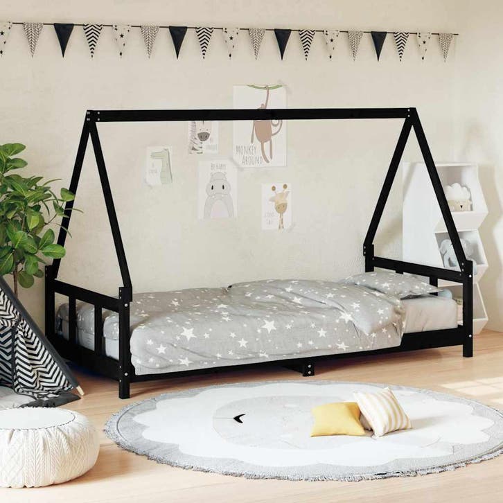 vidaXL Kinderbedframe 90x200 cm massief grenenhout zwart, Enfants & Bébés, Chambre d'enfant | Lits, Envoi