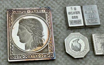 Duitsland, Frankrijk, Zweden. Lote 6 lingotes plata, patina