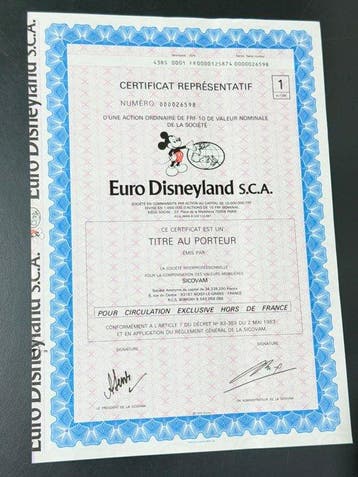 Euro Disneyland S.C.A. (Euro Disney) - 1 Aandelenbewijs van, Collections, Disney