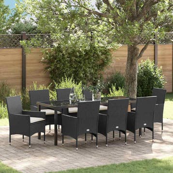 vidaXL Tuin Eettafel Set 9 st Zwart poly rattan, Verzenden, Nieuw