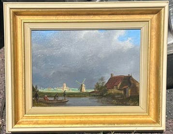 École néerlandaise (XIX) - Waterrijk landschap, Antiek en Kunst