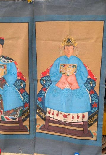 2x schilderijen tonen een paar in formele kleding, typisch, Antiek en Kunst