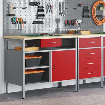 vidaXL Werkbank met lade met plank Rood en Grijs 100 x 55 x, Doe-het-zelf en Bouw, Werkbanken, Verzenden, Nieuw