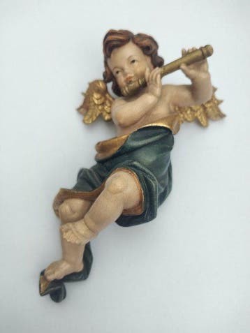 Snijwerk, Holzfigur - farbiger Engel Cherub mit goldenen