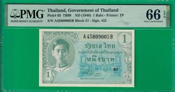 Thailand. - 1 Baht - ND (1946) - Pick 63 (Zonder