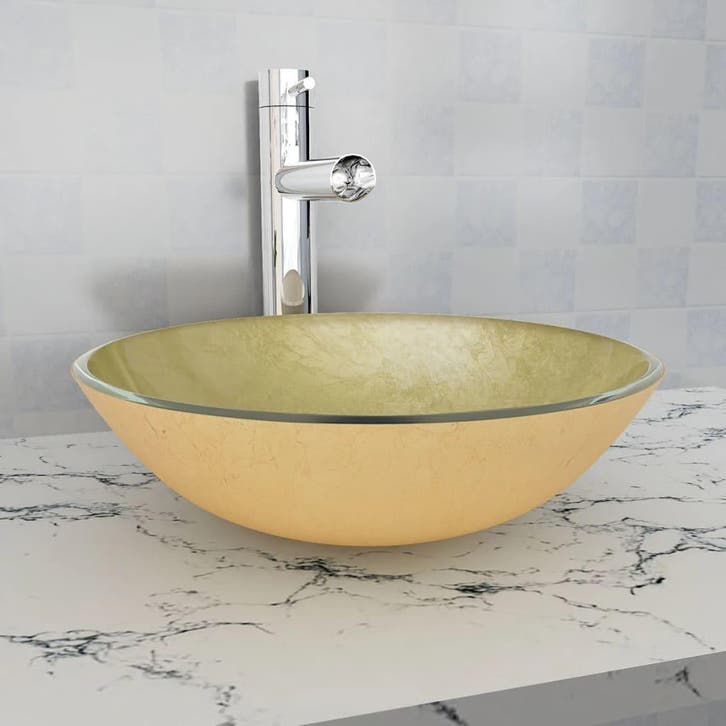 vidaXL Wasbak gehard glas 42 cm goud, Bricolage & Construction, Sanitaire, Envoi
