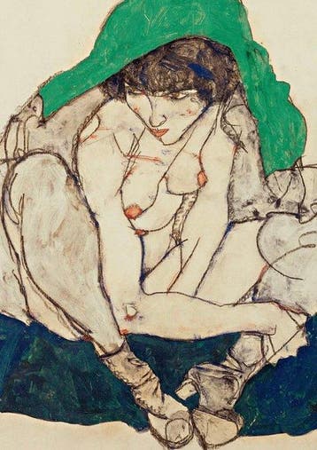 Egon Schiele - “Crouching woman with green headscarf, 1914”., Antiek en Kunst