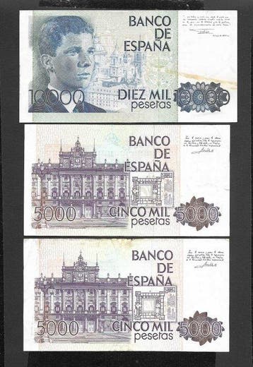 Spanje. - 2 x 5000 and 1 x 10000 Pesetas 1979-1985 (Zonder, Postzegels en Munten