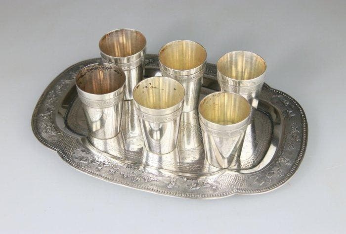 Service a The en Argent Massif 6x Coupes et Plateau - Marque, Antiquités & Art, Antiquités | Autres Antiquités