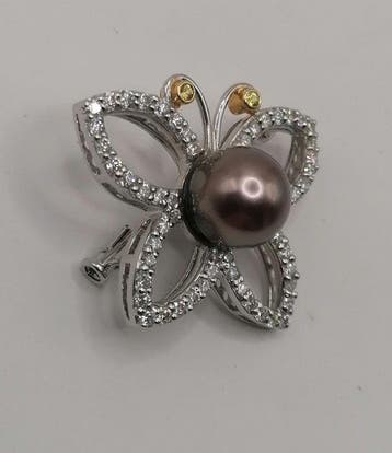 Broche - 18 carats Or blanc - 1.13ct. tw. Perle - Diamant, Bijoux, Sacs & Beauté
