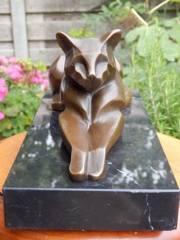 sculptuur, Zeer zware grote bronzen Art Deco Panter - Kat -