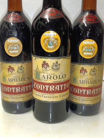 1961 Barolo, 1964 x2 Barbaresco Giuseppe Contratto - Barolo, Verzamelen, Nieuw