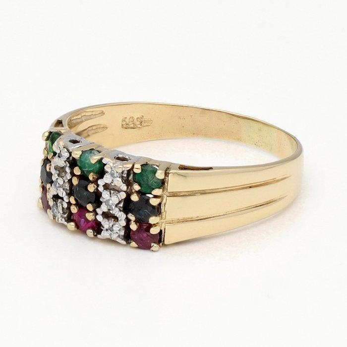 Bague - 14 carats Or jaune - Diamant - Rubis, Saphir,, Bijoux, Sacs & Beauté, Bagues