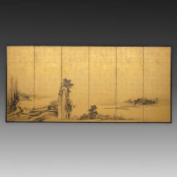 Vouwscherm  (byôbu) - Papier, Lak, Hout, Bladgoud - Japan, Antiek en Kunst