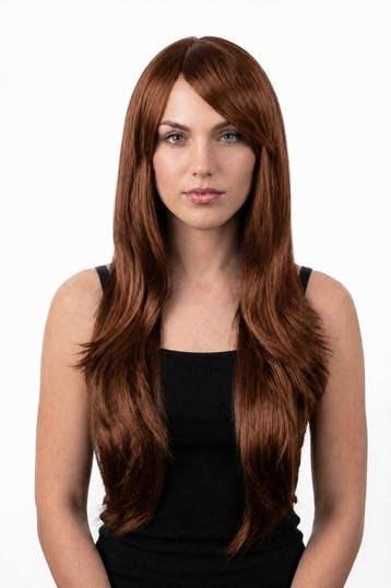 KIMU® Luxe Lange Bruine Pruik Lang Bruin Schuine Pony Roodbr, Ophalen of Verzenden, Nieuw