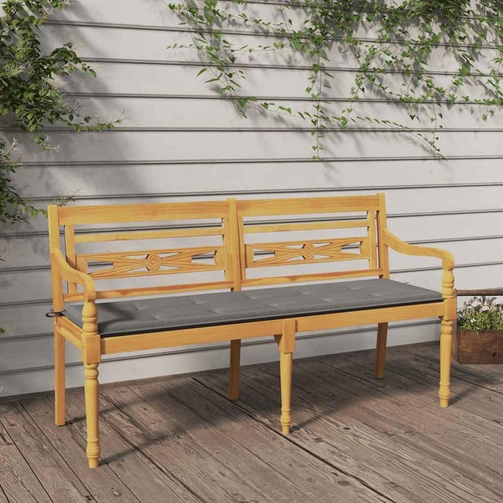 vidaXL Bankje Batavia met grijs kussen 150 cm massief, Tuin en Terras, Tuinsets en Loungesets, Nieuw, Verzenden