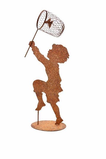 Beeld, garden statue silhouette of boy with butterfly net -