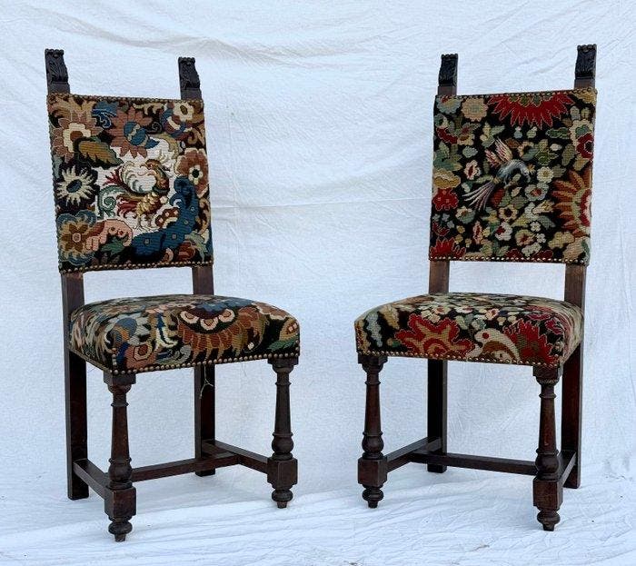 Stoel (2) - Hout, Textiel - Stoelen met geborduurd stof, Antiek en Kunst, Antiek | Overige Antiek