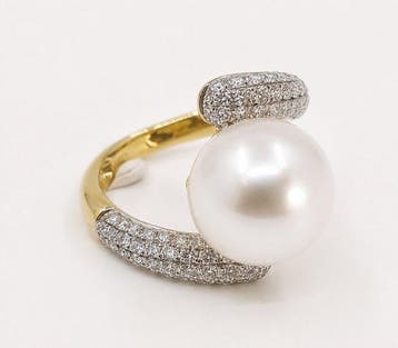 Bague - 18 carats Or jaune, Perle ronde blanche australienne