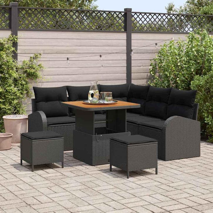 vidaXL Tuinbank Set met kussen 8 pcs Zwart poly rattan, Tuin en Terras, Tuinsets en Loungesets, Nieuw, Verzenden