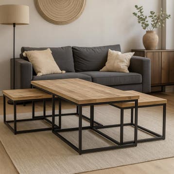 Salontafel Mangohout Set Yves Met 3 Tafeltjes, Verzenden, Nieuw, Industriële meubels, Overige vormen