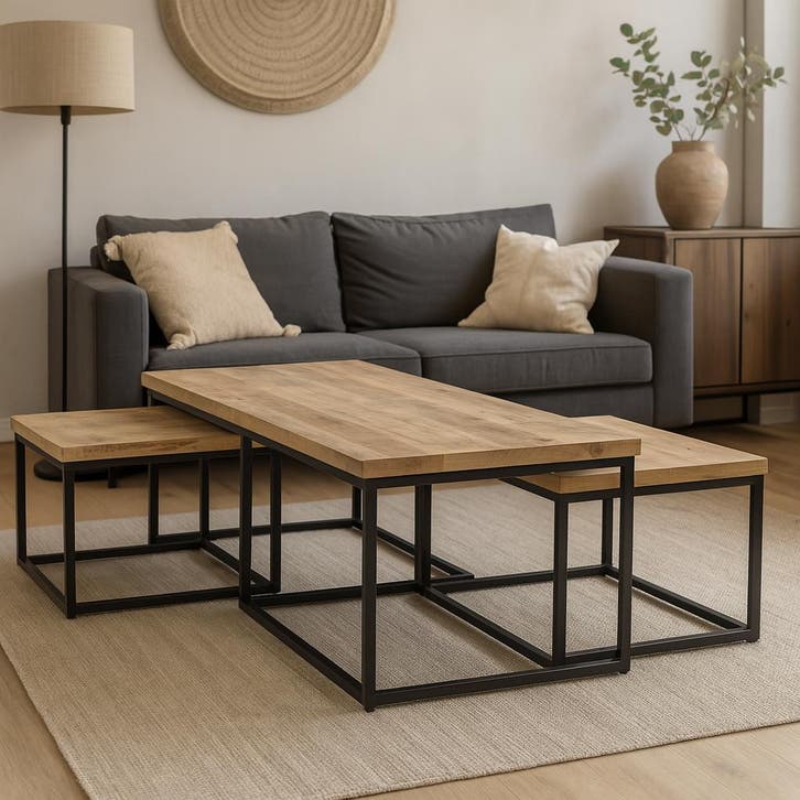 Salontafel Mangohout Set Yves Met 3 Tafeltjes, Huis en Inrichting, Tafels | Salontafels, Nieuw, Overige houtsoorten, Overige vormen
