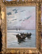 Giuseppe Piccinni (XIX) - Marina con barche e pescatori, Antiquités & Art, Art | Peinture | Classique