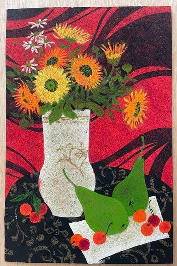 Yves Ganne (1931-2019) - Vase de tournesols, poires et, Antiek en Kunst