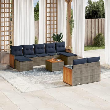 vidaXL 10-delige tuinbankset met kussens, grijs polyrotan, Tuin en Terras, Verzenden, Nieuw