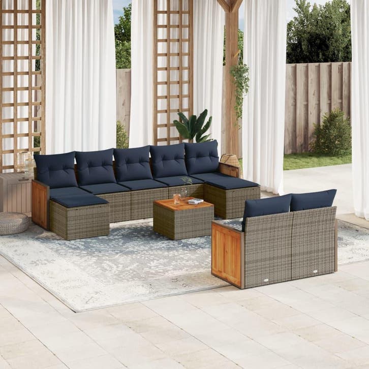 vidaXL 10-delige tuinbankset met kussens, grijs polyrotan, Tuin en Terras, Tuinsets en Loungesets, Nieuw, Verzenden