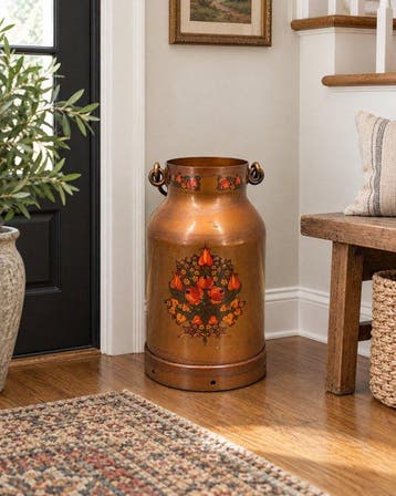 Decoratieve aluminium melkbus als parapluhouder – warm