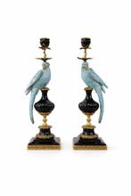 Kaarsenhouder - Porselein, Brons - Exclusief paar papegaaien